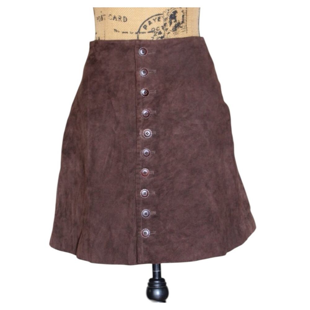 VTG Y2K Express Brown Suede Leather Button Front Mini Skirt SZ S 7/8